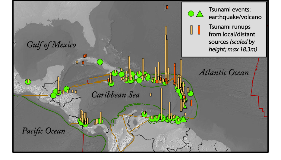 Tsunami event in Caribbean map